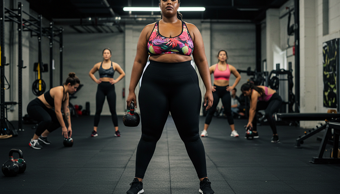 A plus-size woman in high-waisted compression workout pants holds a kettlebell in a gym, with diverse people exercising in the background.