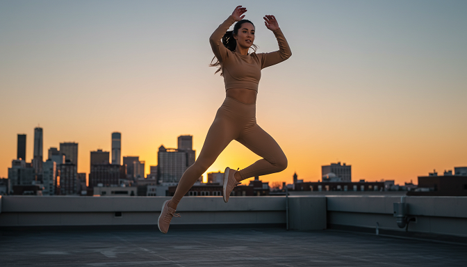 Woman in camel-colored leggings and cropped top jumping during a HIIT class on an urban rooftop at sunset.