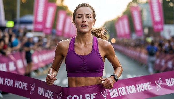 A confident woman with a larger bust crosses a marathon finish line, wearing a purple high-impact sports bra with wide straps, her strong posture and minimal bounce evident amid cheering crowds.