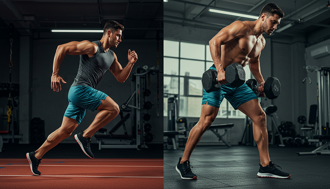 Composite image of a male athlete in lined athletic shorts, one half sprinting on a track, the other lifting weights in a gym, with vibrant colors.