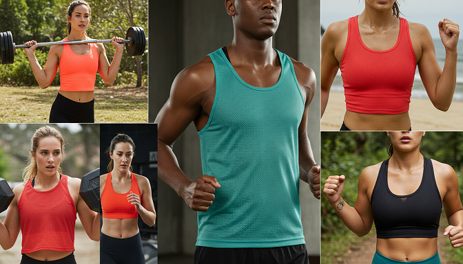 A diverse group of athletes in vibrant mesh workout tank tops perform in a gym, trail, and yoga studio.