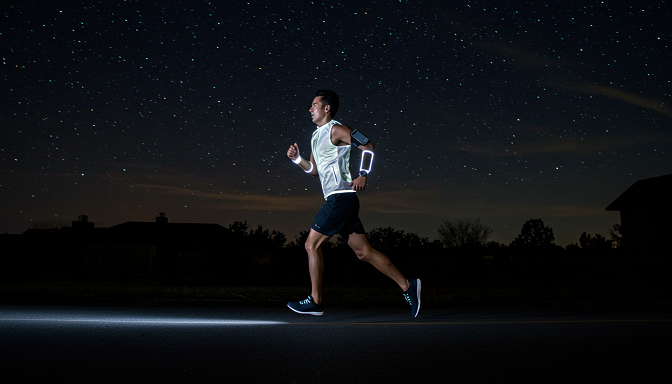 A runner in reflective vest, LED armbands, and shoes sprints on a dimly lit urban street, brightly illuminated by car headlights under a starry sky.