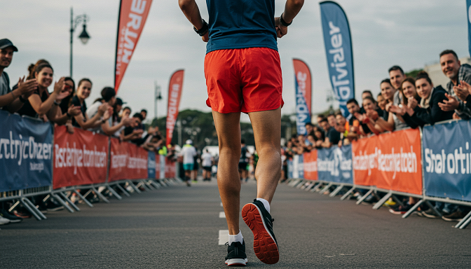 A male runner crosses a finish line at a vibrant race, wearing bold red quick-dry running shorts with a secure pocket and mesh panels. Cheering crowds and a colorful banner highlight comfort and performance.