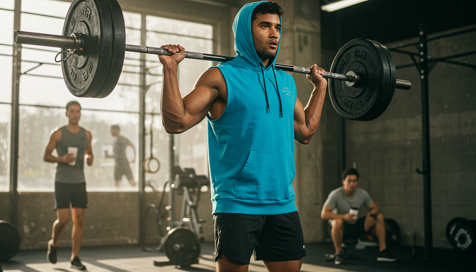 A man in a blue sleeveless workout hoodie lifts a barbell in a gym, with others running and relaxing, showcasing the hoodie’s gym and lifestyle appeal.
