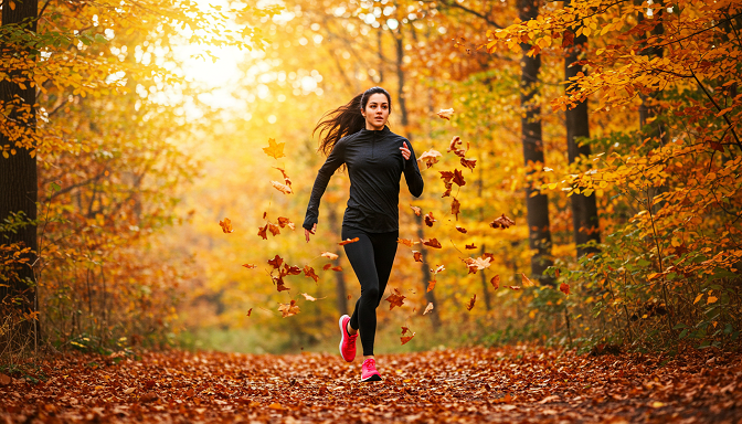 Female runner in a black breathable long-sleeve workout shirt sprinting on an autumn forest trail.