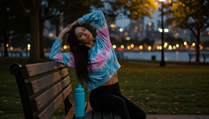 Female runner in a tie-dye cropped sweatshirt stretching on a park bench at dusk.