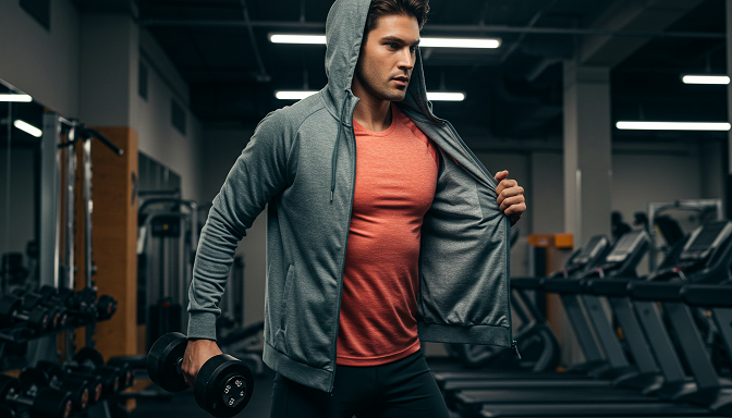 A fitness enthusiast in a lightweight zip-up workout hoodie exercises in a gym, with weights and a treadmill in the background, showcasing style and performance.