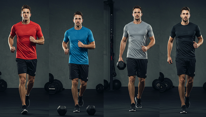 Four men in colorful moisture-wicking gym shirts work out in a modern gym, staying dry and confident.