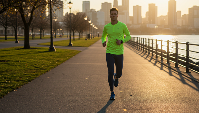 Male runner in navy compression tights running along a city waterfront at dawn with a skyline.