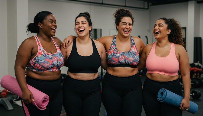 Four plus-size individuals in colorful workout tops with built-in bras laugh together in a gym, surrounded by yoga mats and weights, celebrating fitness and confidence.