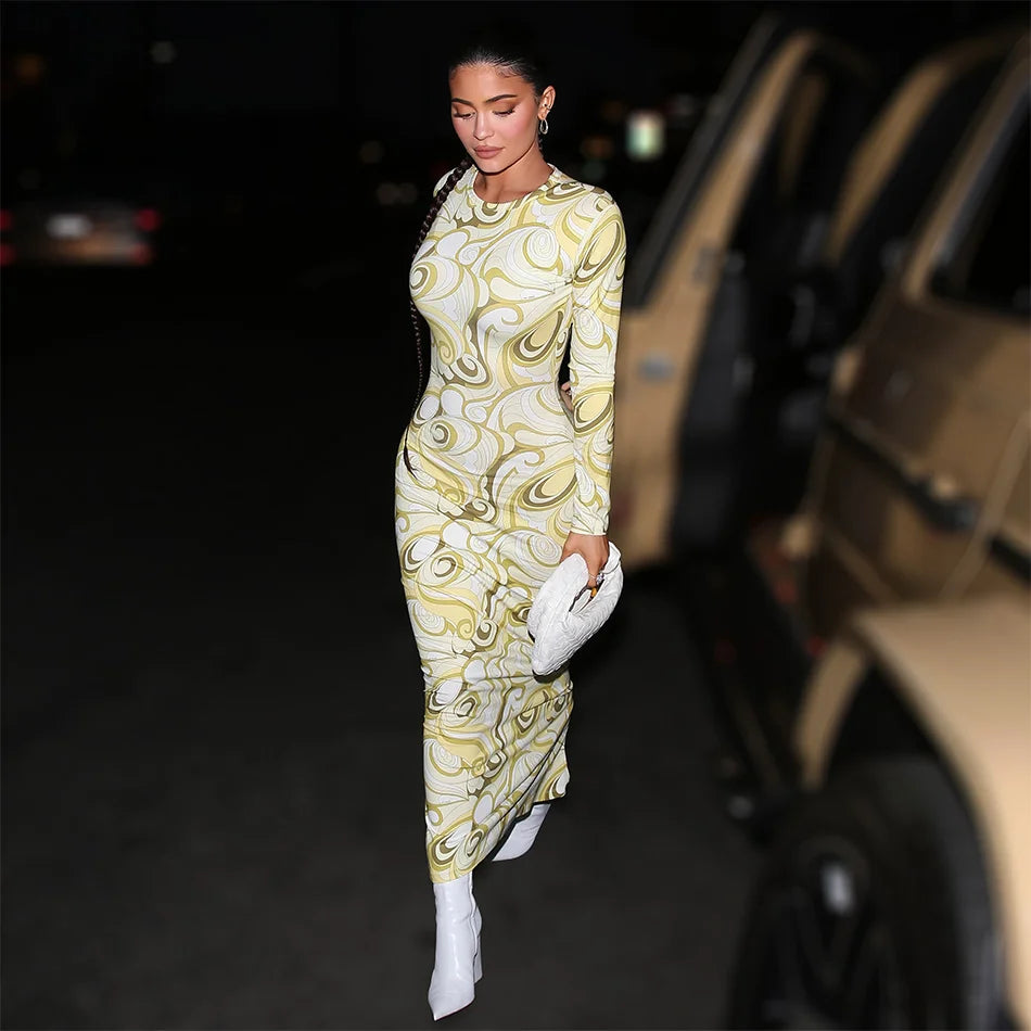 Jersey Maxi Dress Kylie Inspired Yellow Swirl-Print Stretch round Neck Long Sleeves Back Slit Evening Gown