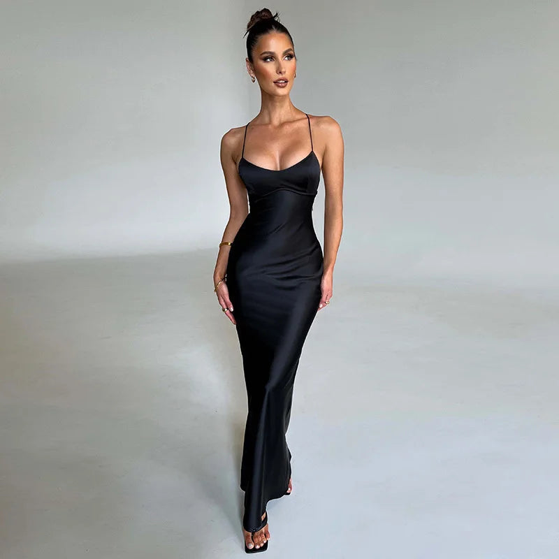 Satin Backless Maxi Dress for Women 2022 Autumn New Spaghetti Strap Sleeveless Bodycon Long Dress Vestido Clubwear