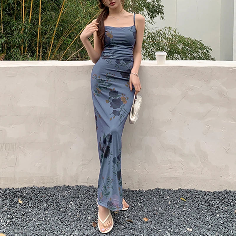 Blue Print Maxi Dress Women'S New Summer Sexy Backless Sling Sleeveless Mesh Dress Fashion Streetwear Casual Slim Party Dresses