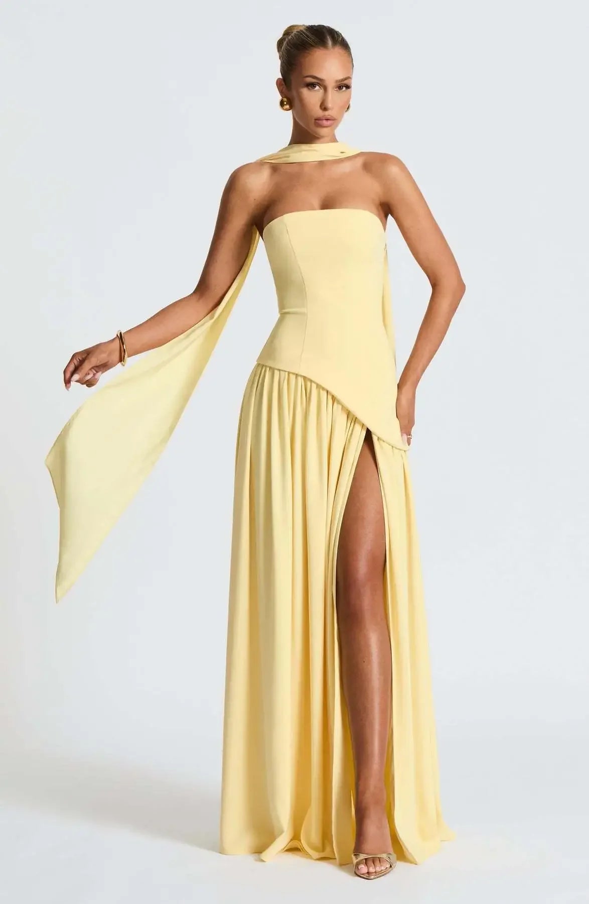 Yellow Scarf Collar Strapless Party Dress Women 2025 New High Slit Backless Spliced Pleated Robes Female Summer Party Prom Gowns