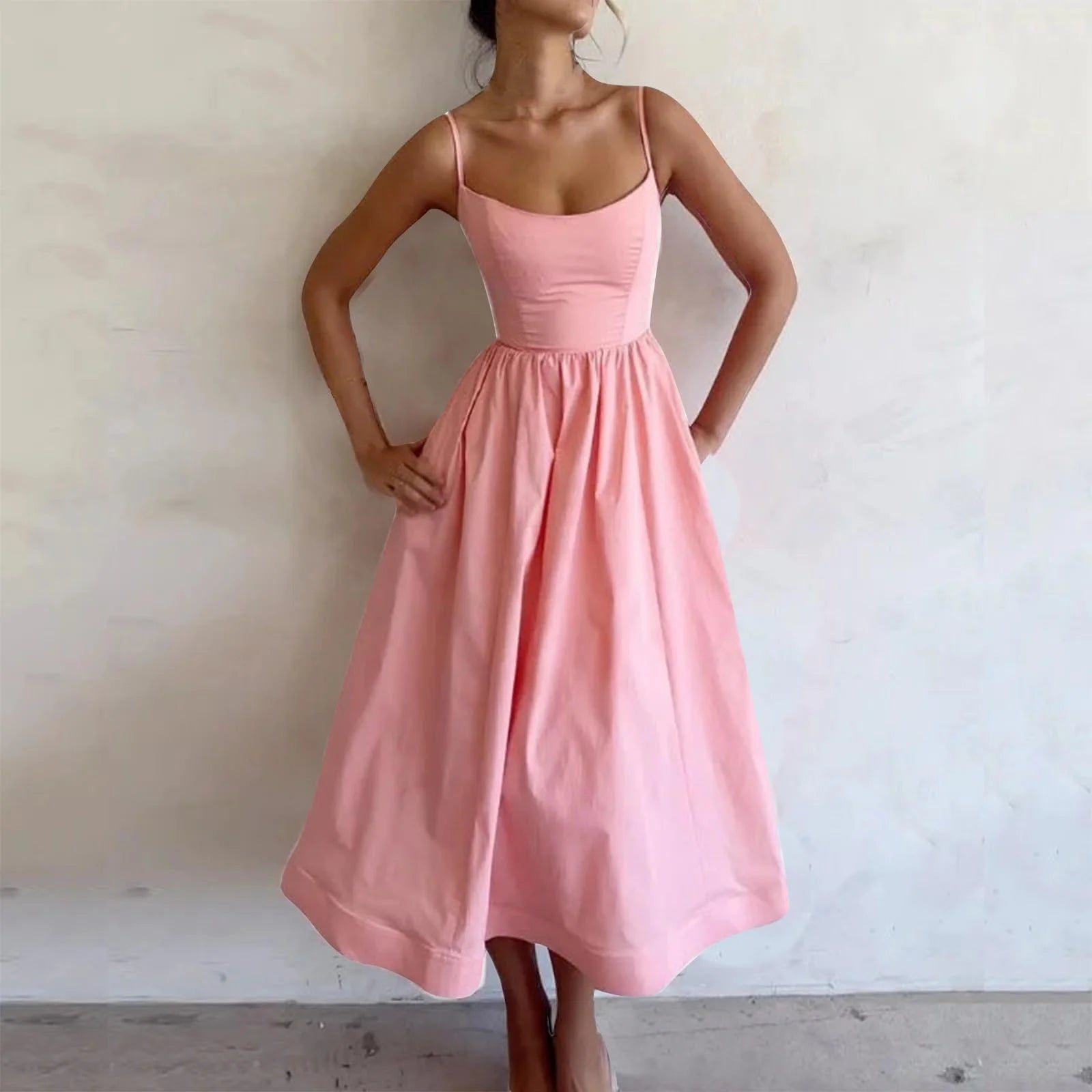 Summer Savings Deals  Womens Summer Maxi Long Swing Pleated Sundresses Clearance under $5 Casual Spaghetti Strap Scoop Neck Curvy Dresses High Waist Aline Swing Going Out White Dresses Clothes