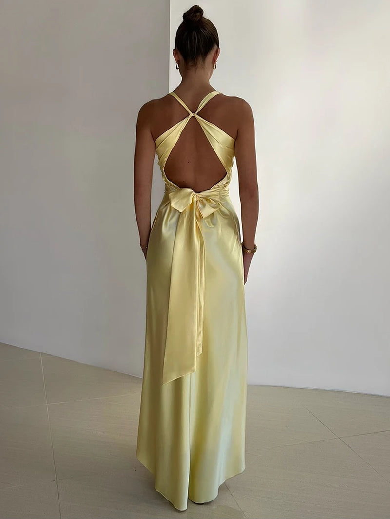 Satin Bow Backless Sexy Maxi Dress for Women Gown Fashion V Neck Sleeveless Club Party Evening Dress Elegant