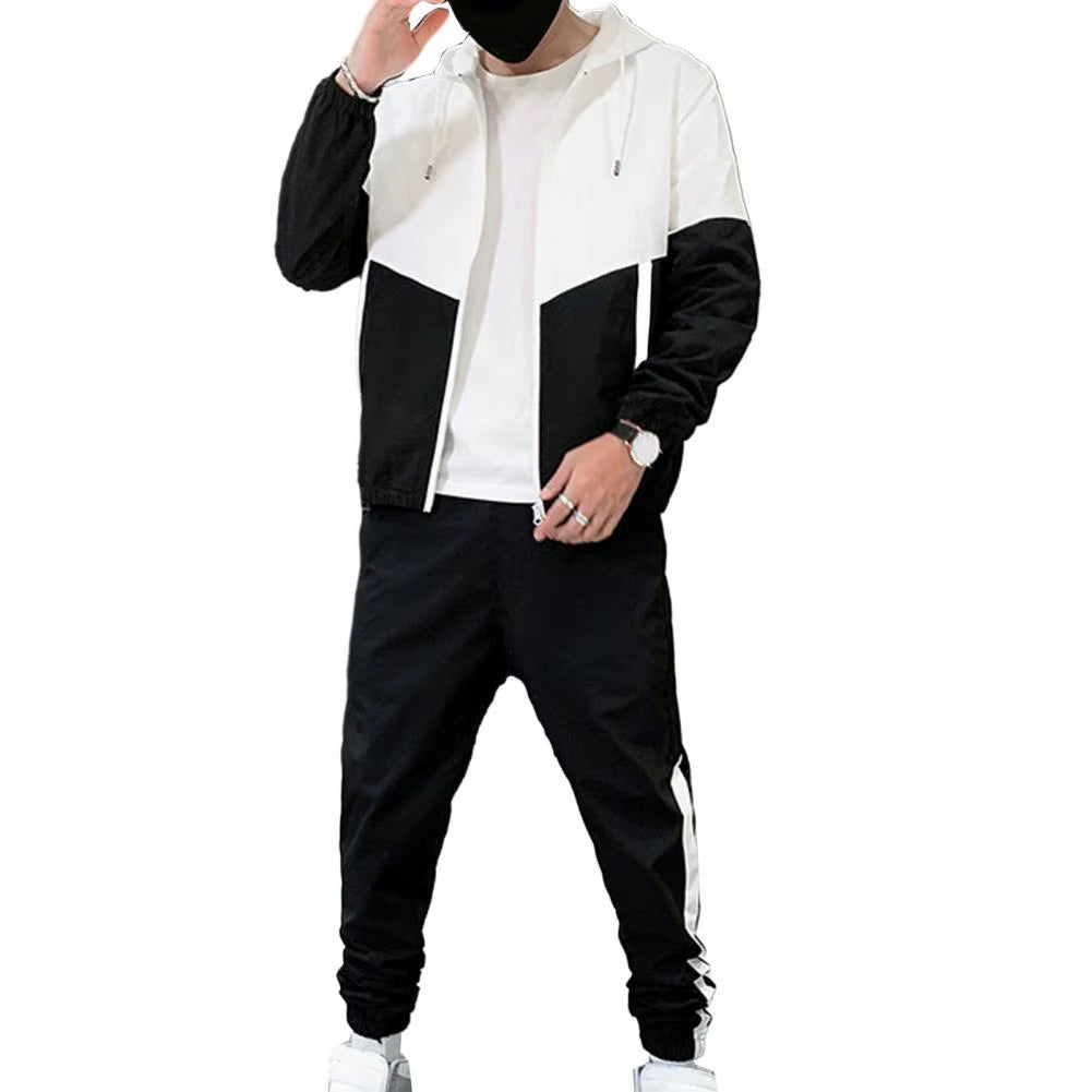 Men'S Sportswear Set Hooded Zipper Coat Patchwork Color Sport Outfit Hooded Drawstring Long Sleeve Elastic Waist Sweatpants Set