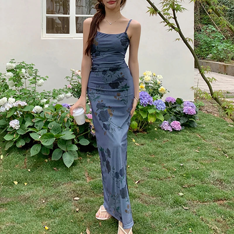 Blue Print Maxi Dress Women'S New Summer Sexy Backless Sling Sleeveless Mesh Dress Fashion Streetwear Casual Slim Party Dresses