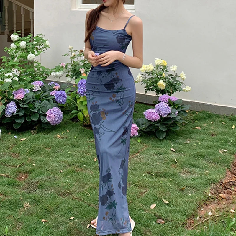 Blue Print Maxi Dress Women'S New Summer Sexy Backless Sling Sleeveless Mesh Dress Fashion Streetwear Casual Slim Party Dresses