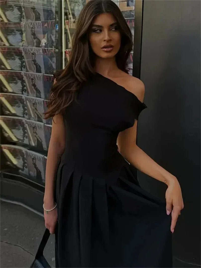 Black Off-Shoulder Autumn Long Dress for Women High Waist Patchwork Slim Sexy One-Shoulder Party Dress Female Maxi Dress