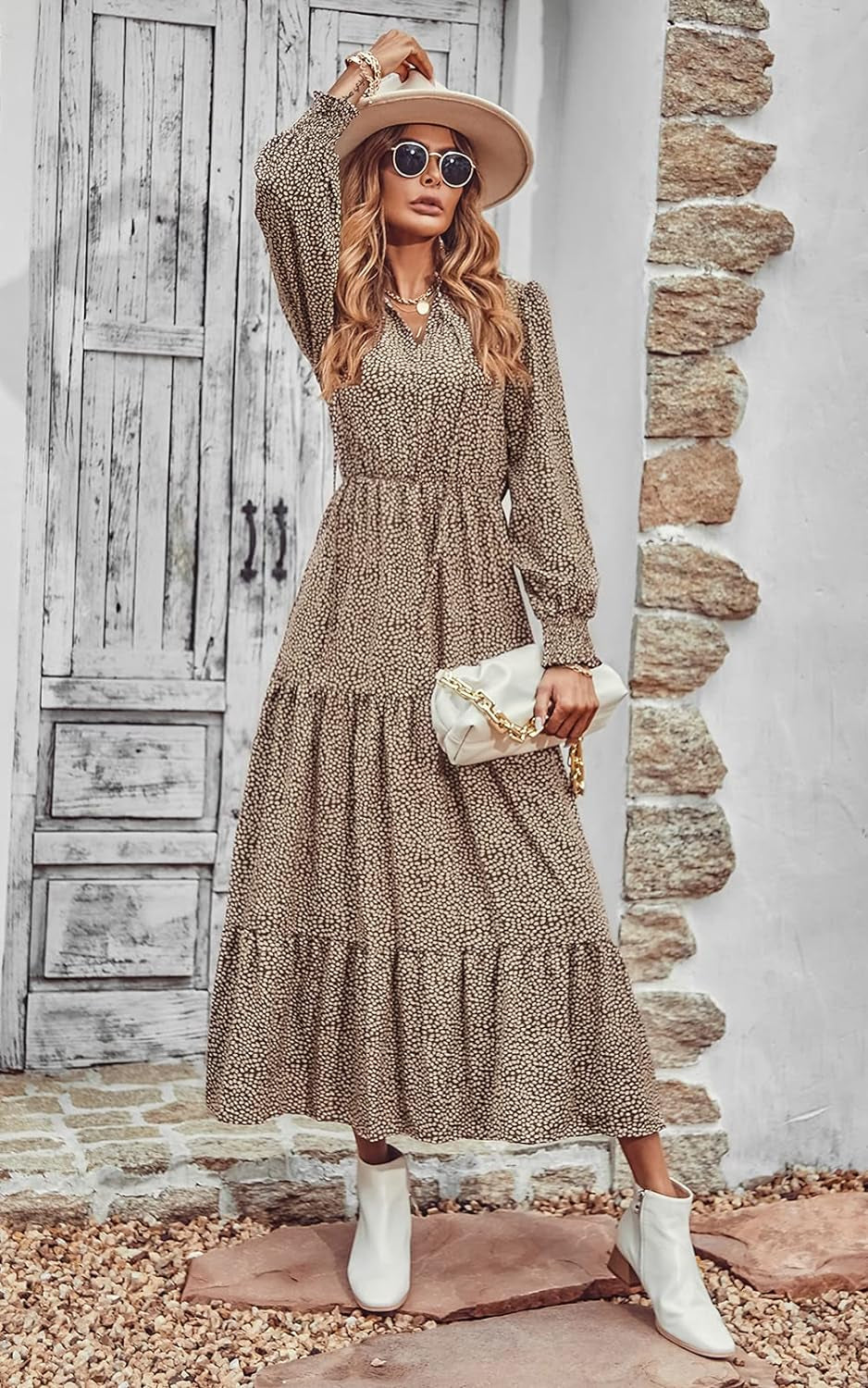 Women'S Fall Long Sleeve Dresses Empire Waist V Neck Boho Floral Print Tiered Ruffle Hem Maxi Dress