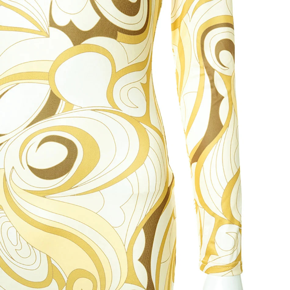 Jersey Maxi Dress Kylie Inspired Yellow Swirl-Print Stretch round Neck Long Sleeves Back Slit Evening Gown