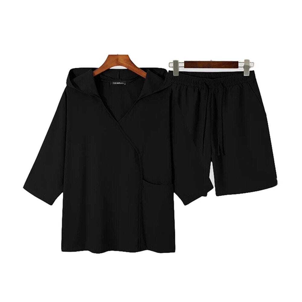 Rolen - 2-Piece Set: Men's Hooded Tracksuit Tennis Shirt Shorts and T Shirt Set Plain