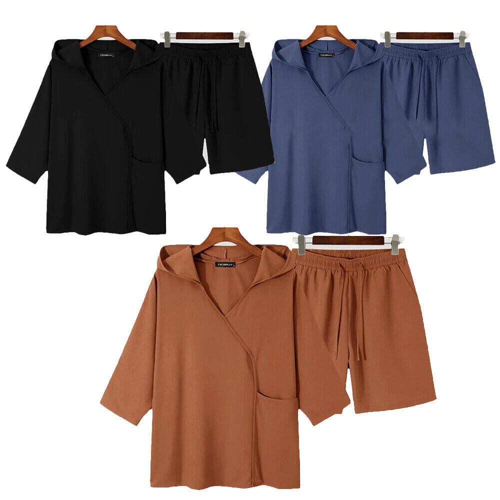 Rolen - 2-Piece Set: Men's Hooded Tracksuit Tennis Shirt Shorts and T Shirt Set Plain