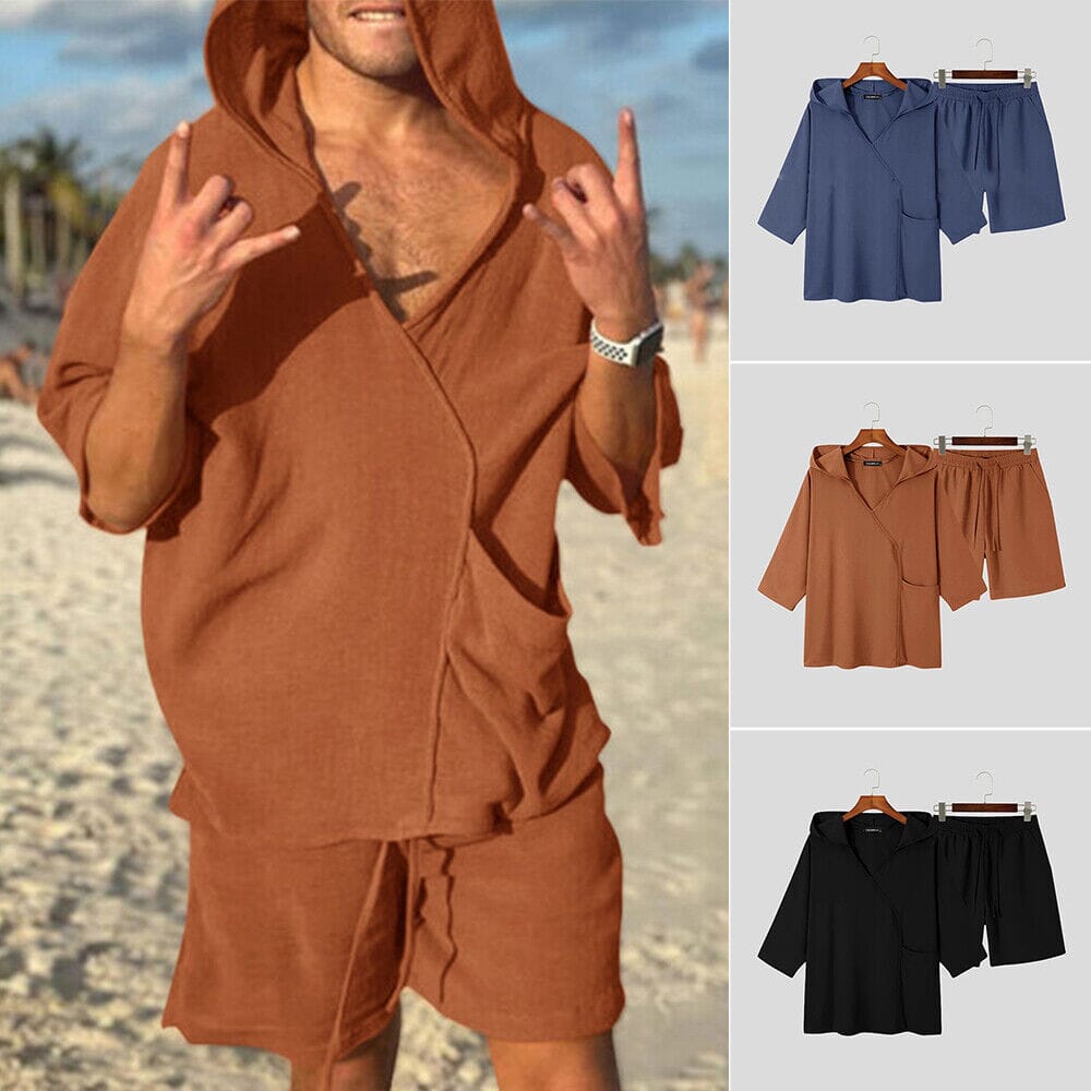 Rolen - 2-Piece Set: Men's Hooded Tracksuit Tennis Shirt Shorts and T Shirt Set Plain