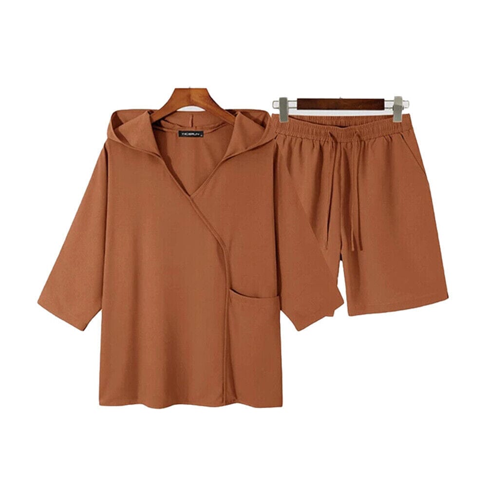 Rolen - 2-Piece Set: Men's Hooded Tracksuit Tennis Shirt Shorts and T Shirt Set Plain