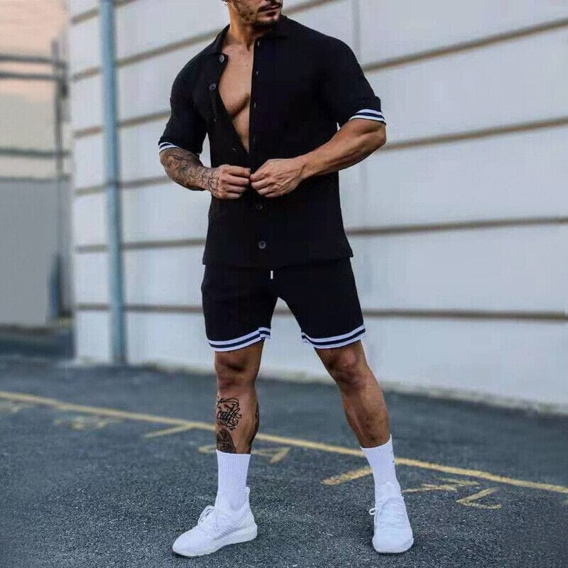 Darwin - 2-Piece Set: Men's Short Sleeve Plain Stripes Lapel