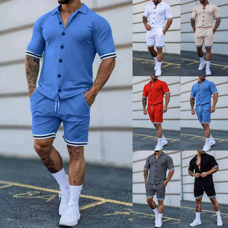 Darwin - 2-Piece Set: Men's Short Sleeve Plain Stripes Lapel