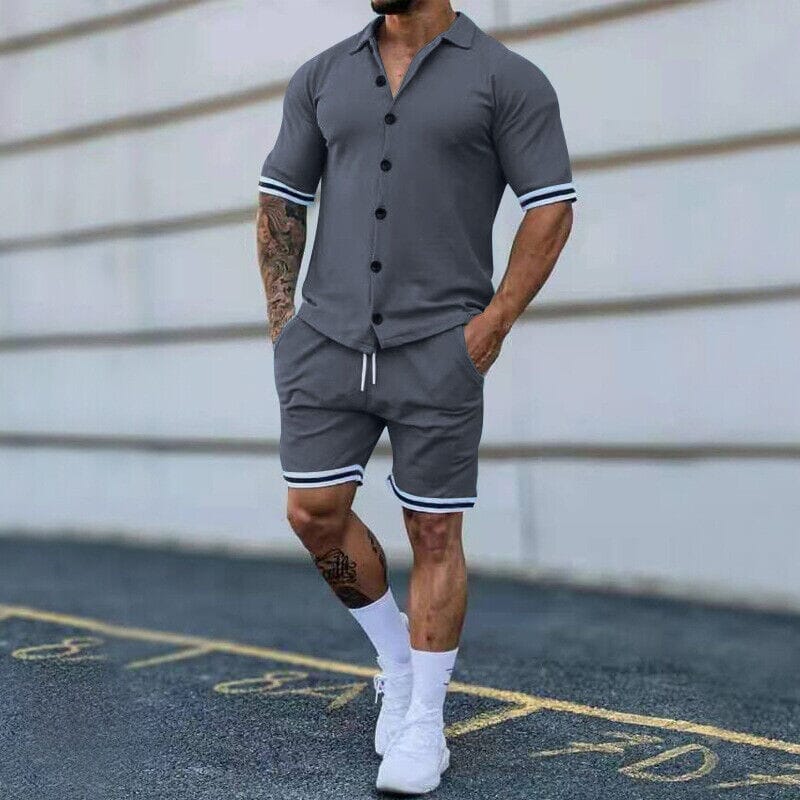 Darwin - 2-Piece Set: Men's Short Sleeve Plain Stripes Lapel