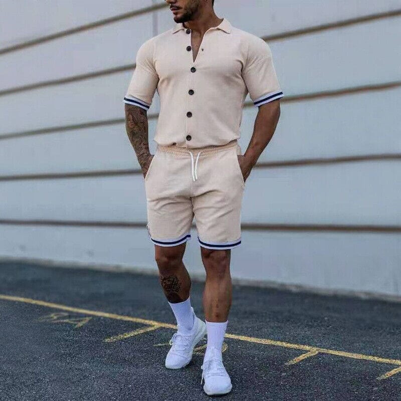 Darwin - 2-Piece Set: Men's Short Sleeve Plain Stripes Lapel