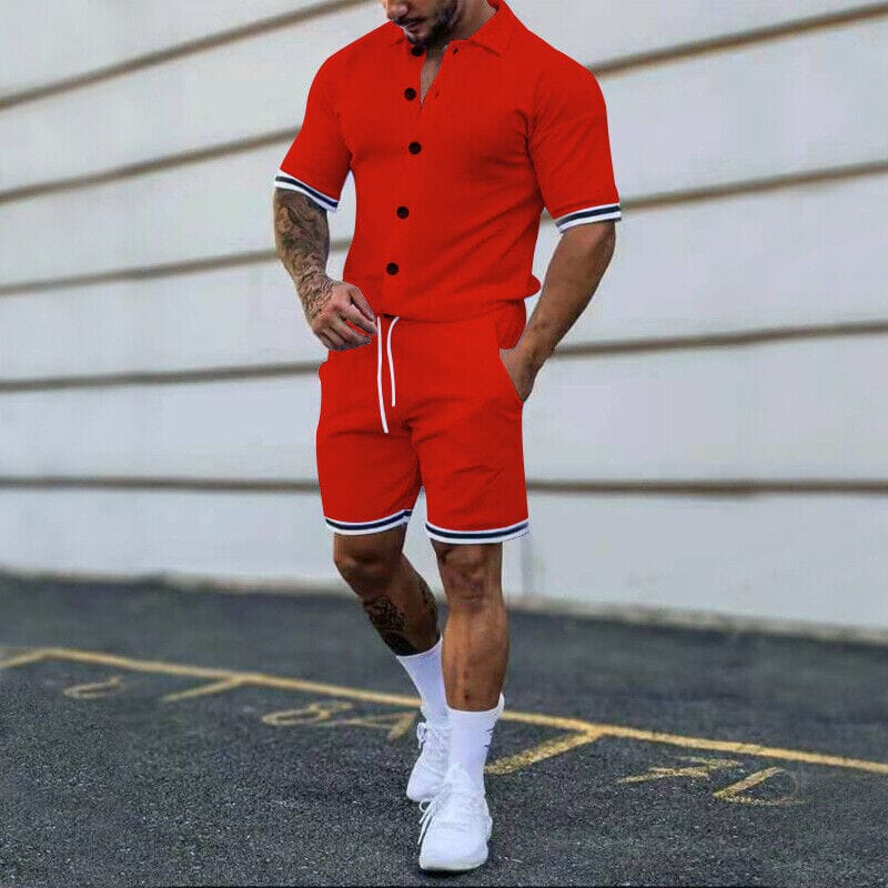 Darwin - 2-Piece Set: Men's Short Sleeve Plain Stripes Lapel