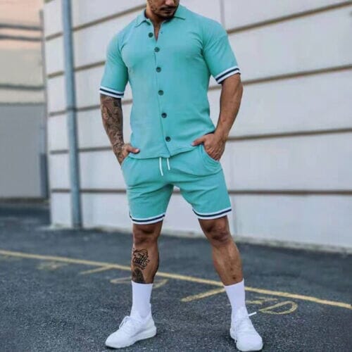 Darwin - 2-Piece Set: Men's Short Sleeve Plain Stripes Lapel