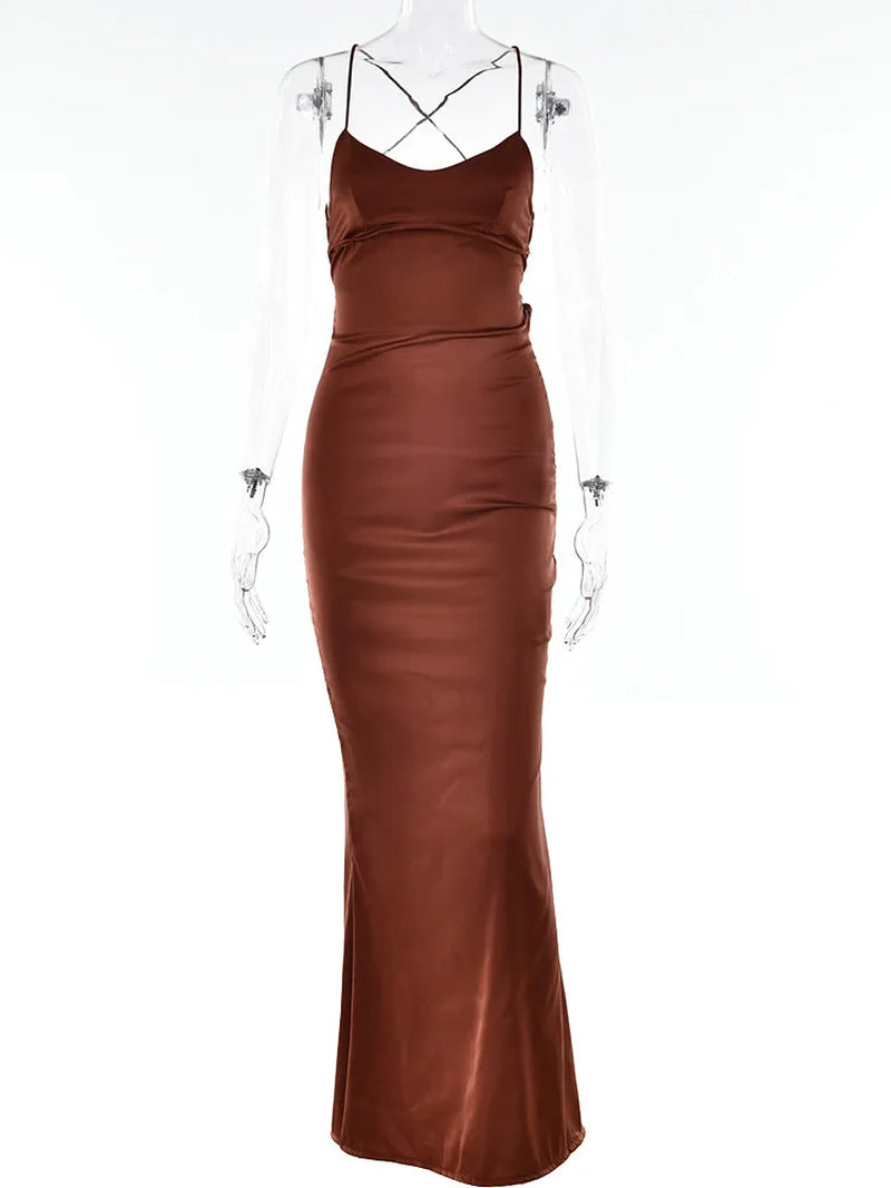 Satin Backless Maxi Dress for Women 2022 Autumn New Spaghetti Strap Sleeveless Bodycon Long Dress Vestido Clubwear