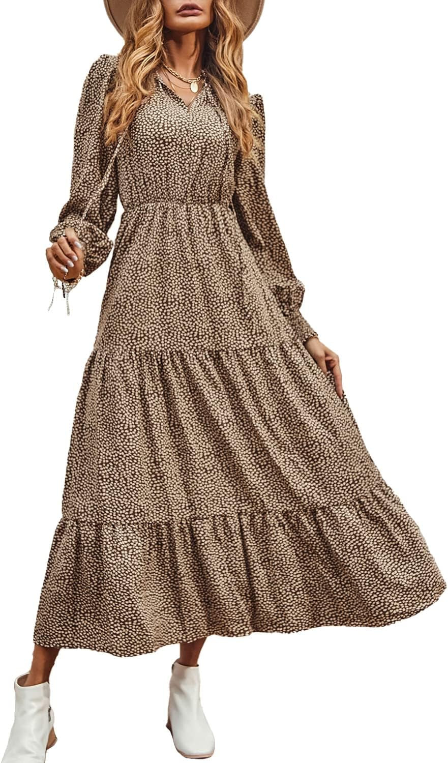 Women'S Fall Long Sleeve Dresses Empire Waist V Neck Boho Floral Print Tiered Ruffle Hem Maxi Dress