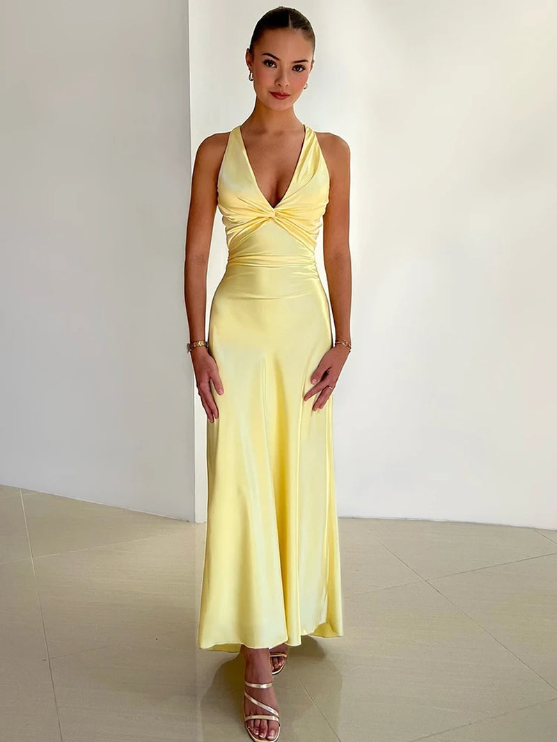 Satin Bow Backless Sexy Maxi Dress for Women Gown Fashion V Neck Sleeveless Club Party Evening Dress Elegant