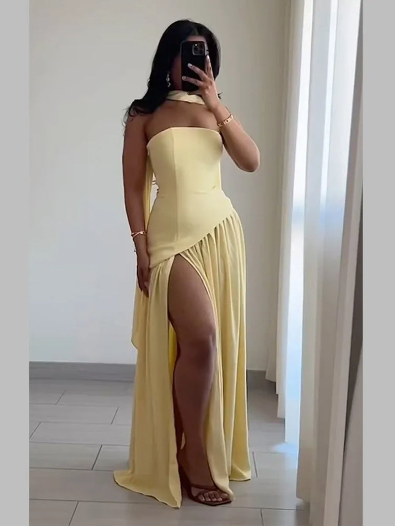 Yellow Scarf Collar Strapless Party Dress Women 2025 New High Slit Backless Spliced Pleated Robes Female Summer Party Prom Gowns