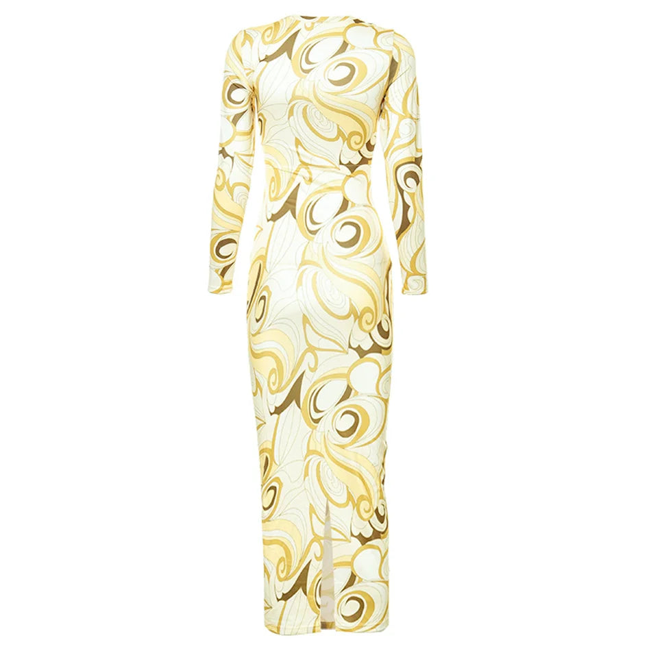 Jersey Maxi Dress Kylie Inspired Yellow Swirl-Print Stretch round Neck Long Sleeves Back Slit Evening Gown