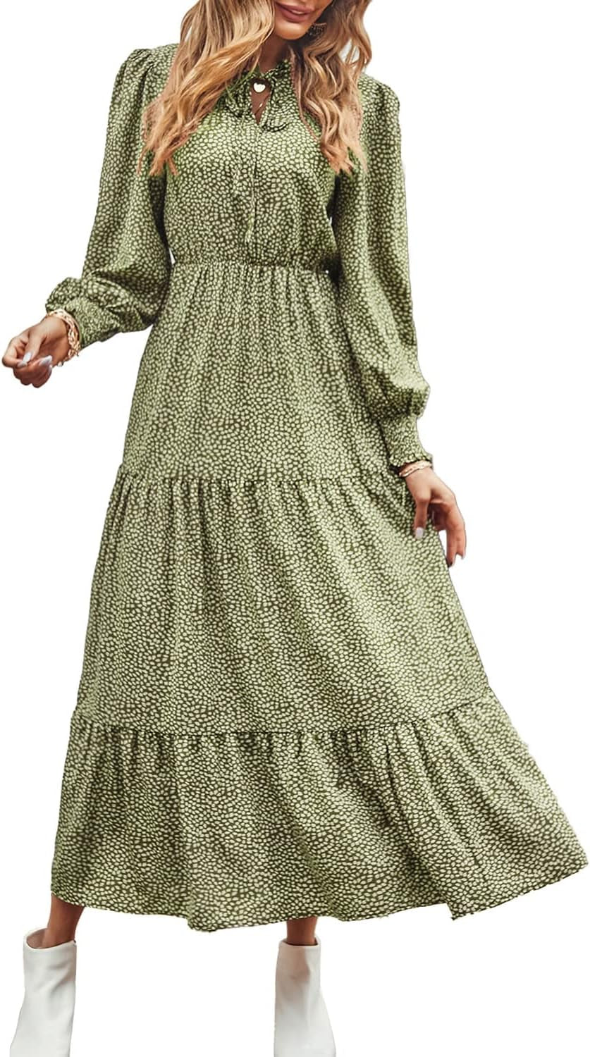 Women'S Fall Long Sleeve Dresses Empire Waist V Neck Boho Floral Print Tiered Ruffle Hem Maxi Dress