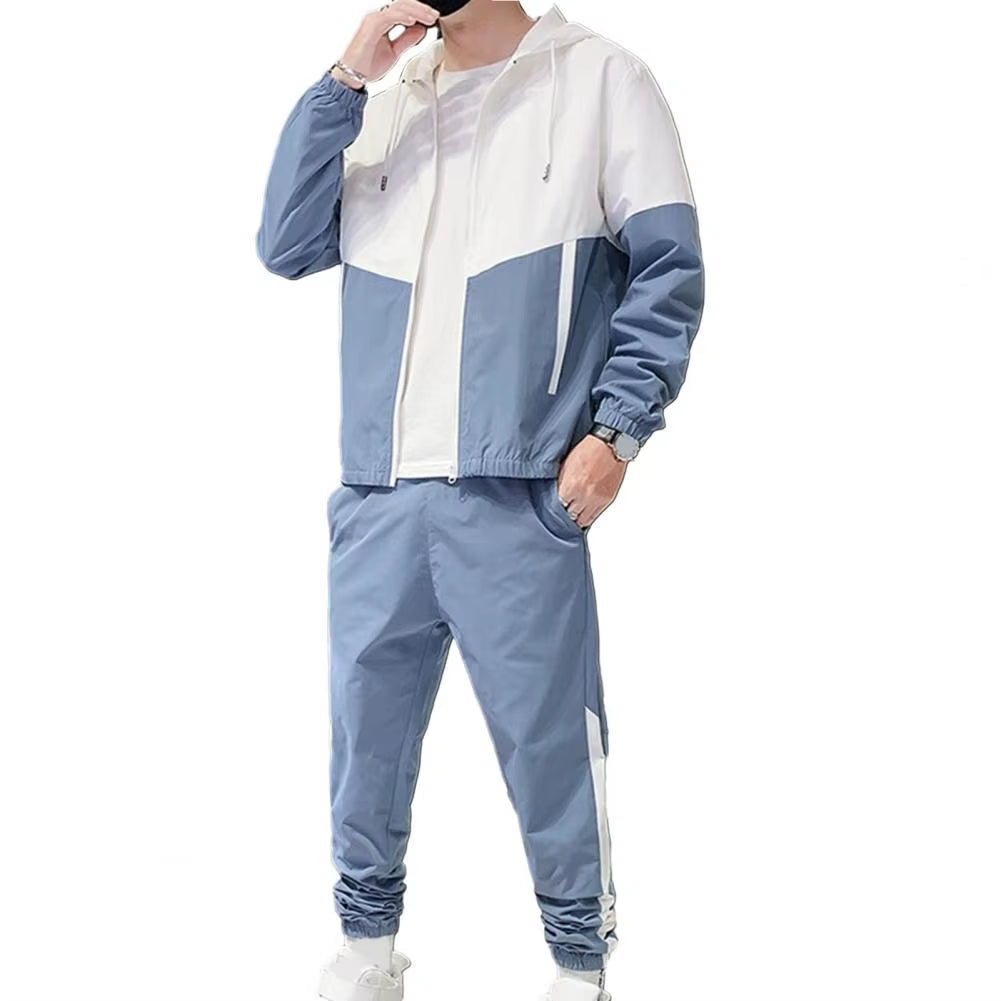 Men'S Sportswear Set Hooded Zipper Coat Patchwork Color Sport Outfit Hooded Drawstring Long Sleeve Elastic Waist Sweatpants Set