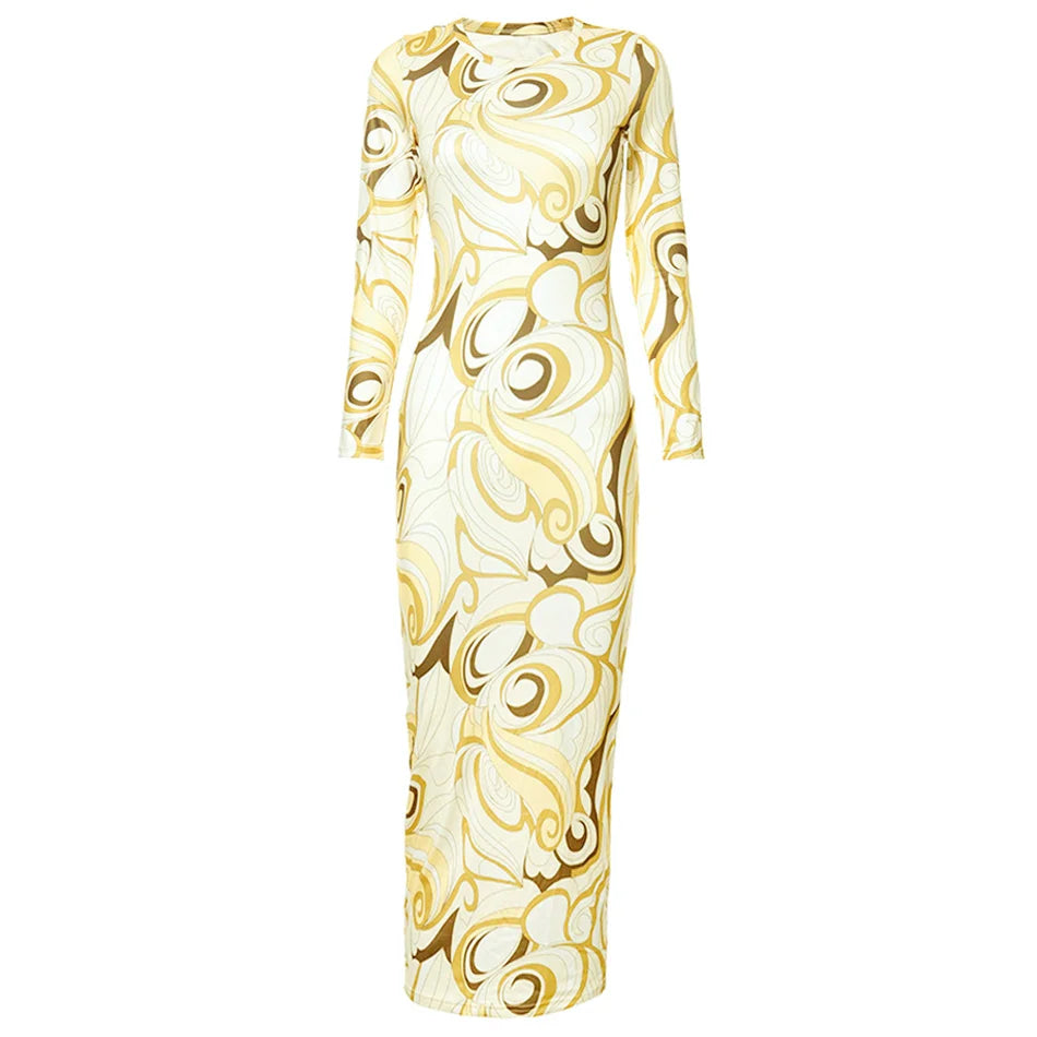 Jersey Maxi Dress Kylie Inspired Yellow Swirl-Print Stretch round Neck Long Sleeves Back Slit Evening Gown