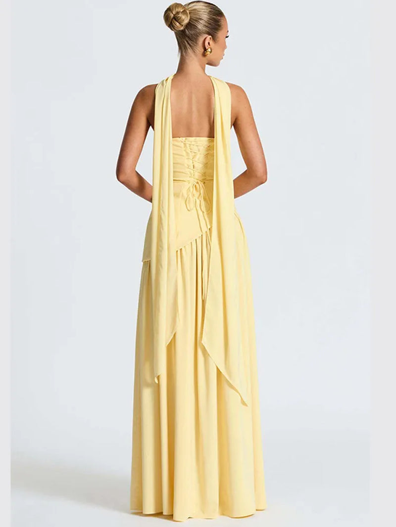 Yellow Scarf Collar Strapless Party Dress Women 2025 New High Slit Backless Spliced Pleated Robes Female Summer Party Prom Gowns