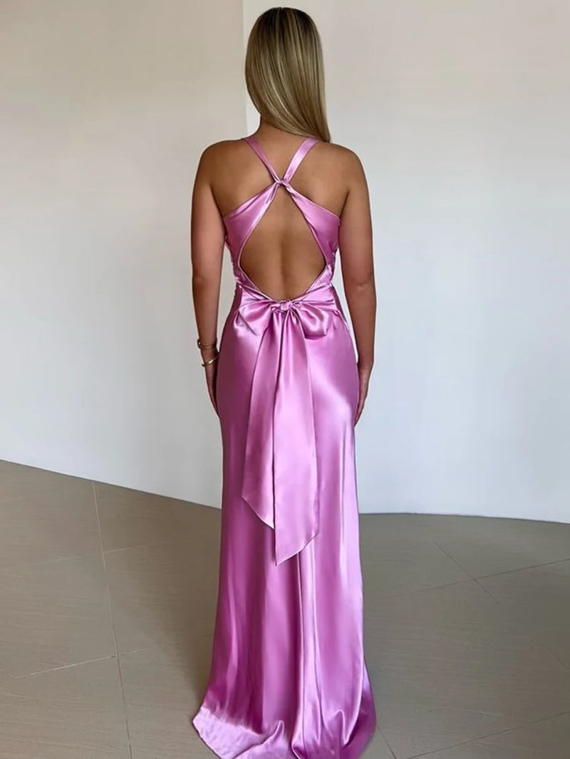 Satin Bow Backless Sexy Maxi Dress for Women Gown Fashion V Neck Sleeveless Club Party Evening Dress Elegant