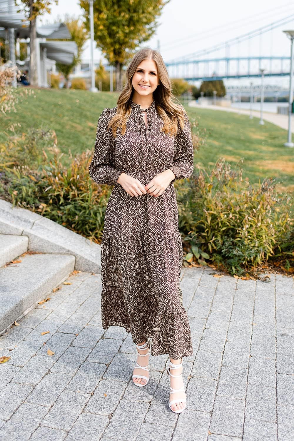 Women'S Fall Long Sleeve Dresses Empire Waist V Neck Boho Floral Print Tiered Ruffle Hem Maxi Dress