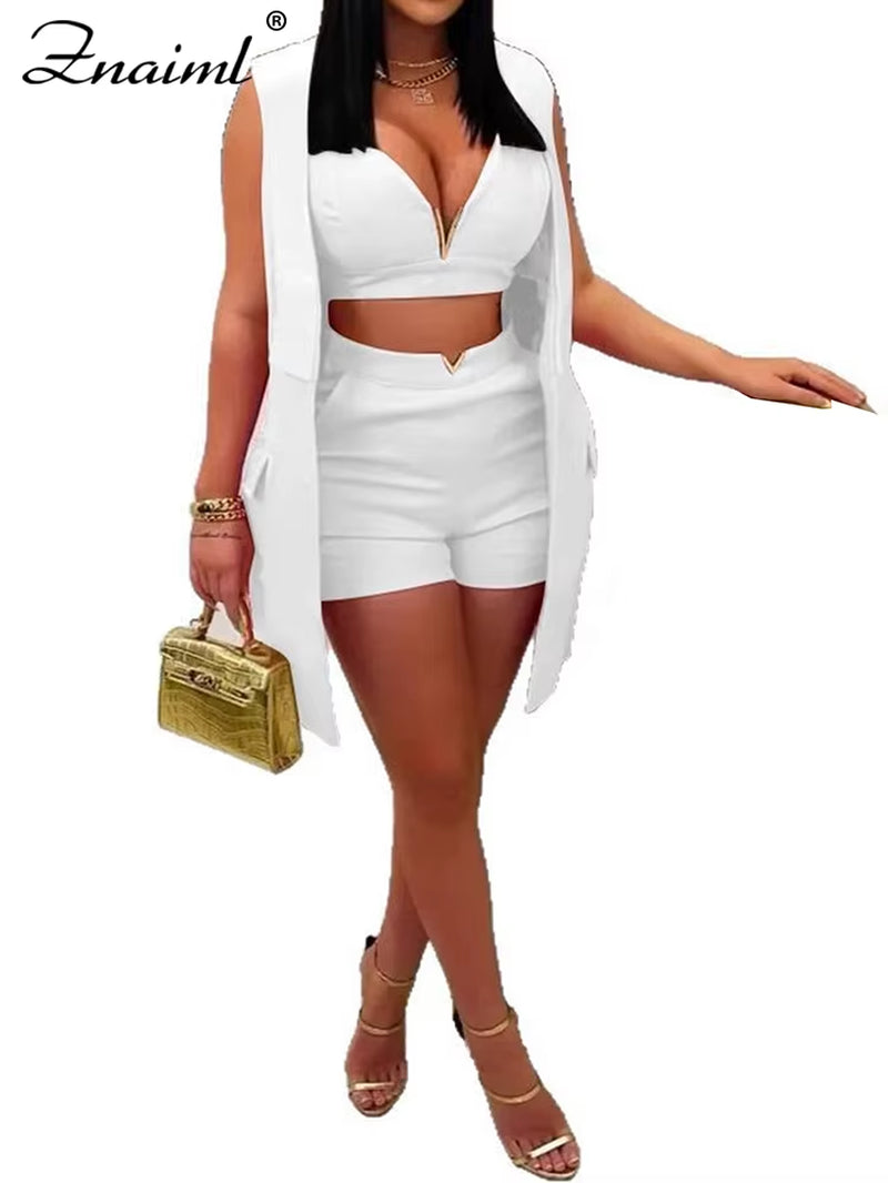 Women'S Fashion New Tank Top and Shorts 3 Pieces Set with Vest Coat Summer Casual Vacation Party Office Lady Outfits 2025