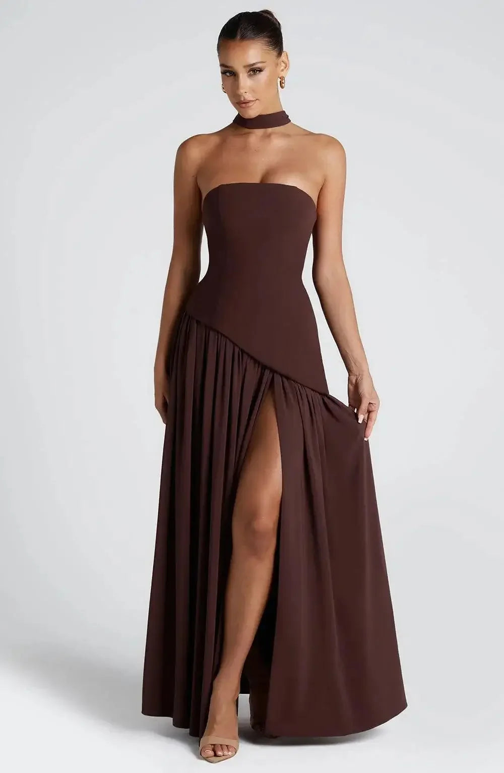 Yellow Scarf Collar Strapless Party Dress Women 2025 New High Slit Backless Spliced Pleated Robes Female Summer Party Prom Gowns