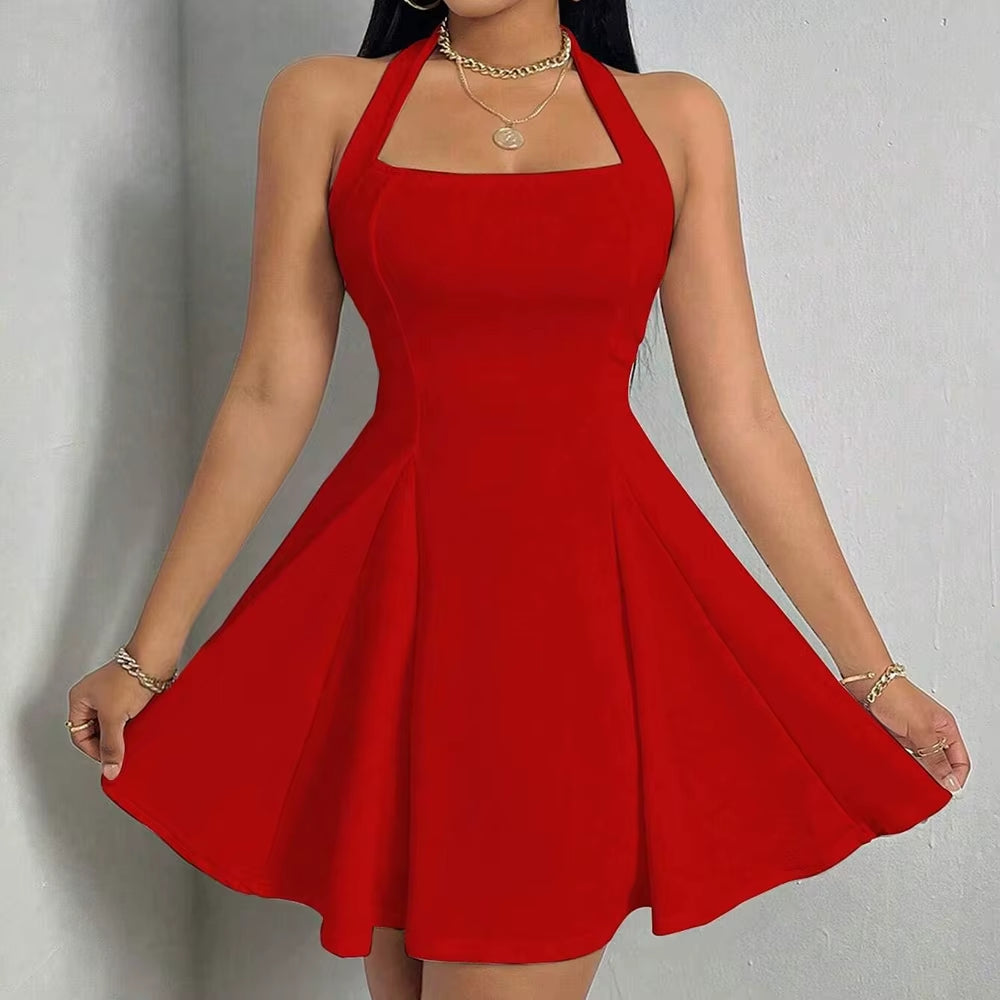 Mia Muse All Seasons Women'S Dresses Fashion Halter Square Neck Pleated A-Line Mini Elegant Dress New Year Valentine'S Day Gift